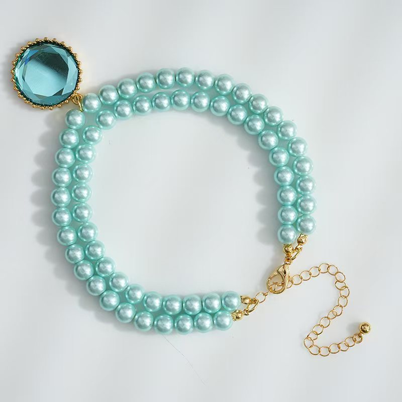 Pet Cat Accessory - Light Blue Pearl Double - Layer Necklace with Exquisite Large Round Diamond Pendant