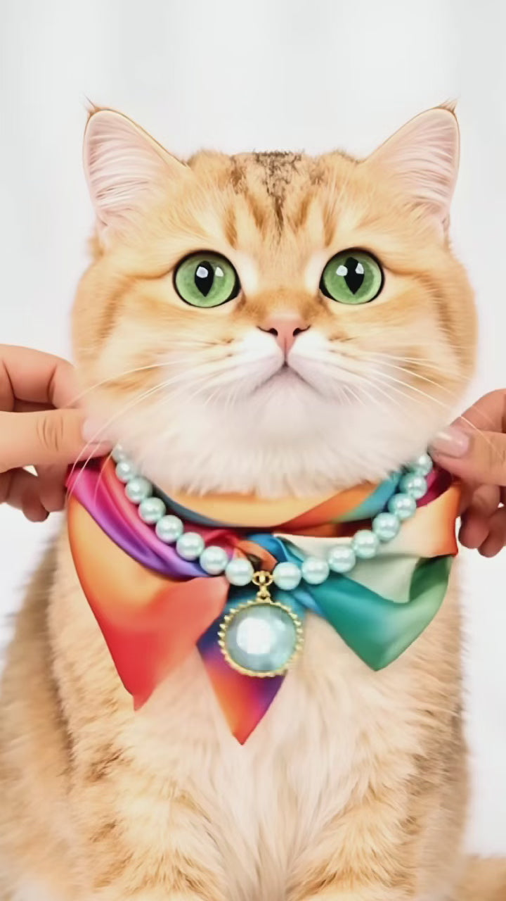 Pet Cat Accessory - Light Blue Pearl Double - Layer Necklace with Exquisite Large Round Diamond Pendant