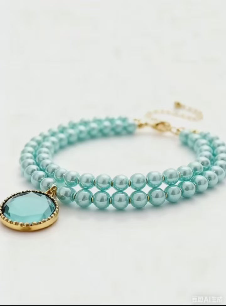 Pet Cat Accessory - Light Blue Pearl Double - Layer Necklace with Exquisite Large Round Diamond Pendant