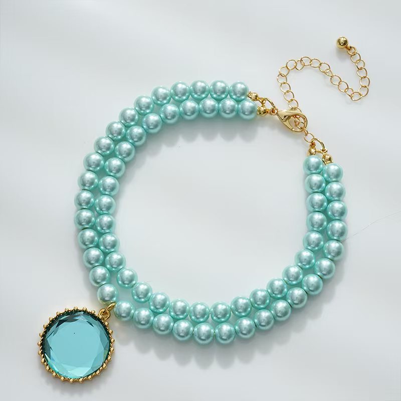 Pet Cat Accessory - Light Blue Pearl Double - Layer Necklace with Exquisite Large Round Diamond Pendant